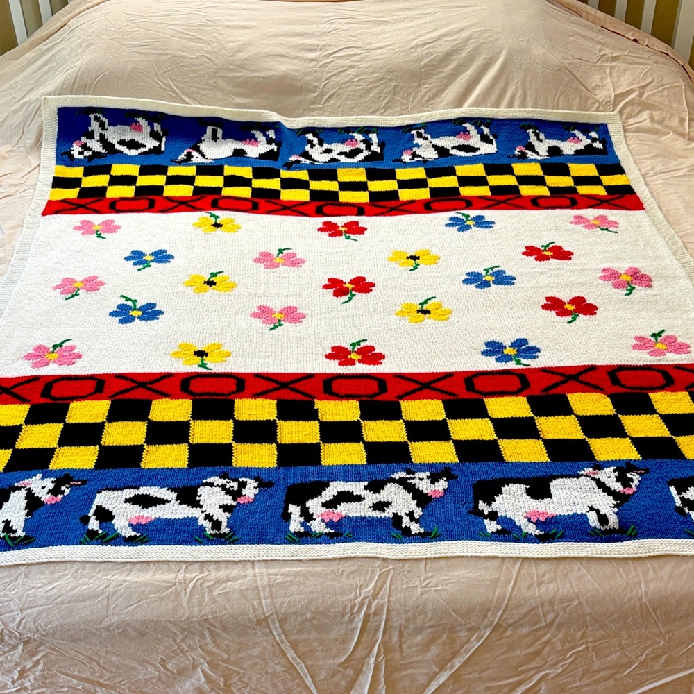 Colorful Cow and Floral Pattern Hand Knit Blanket